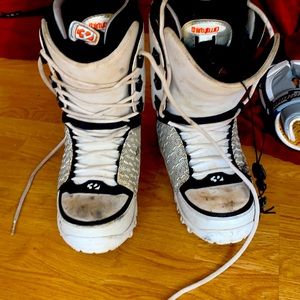 various pairs/sizes snowboard boots and lacrosse gloves